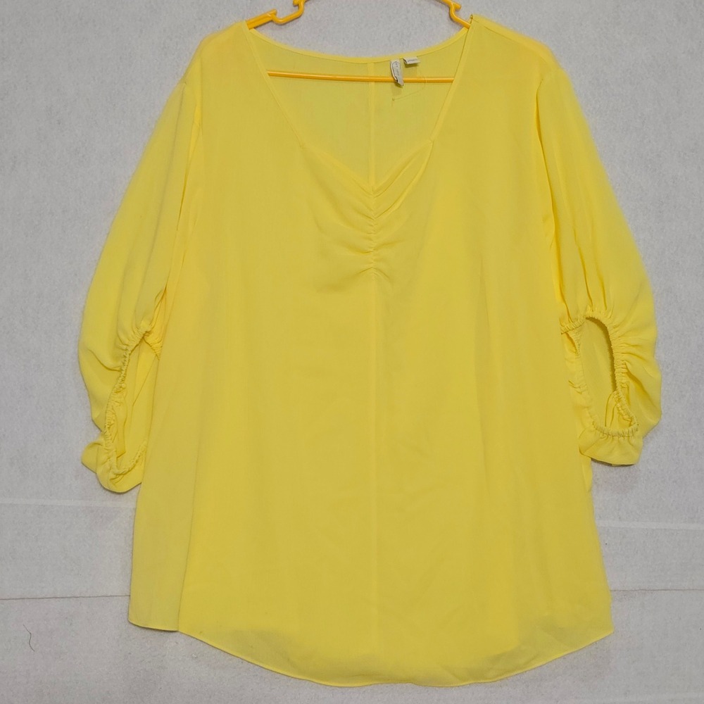 Cato Est 1946 Yellow V-Neck Ruched 3/4 Sleeve Blouse Plus Size 18/20W ptp: 25.5"